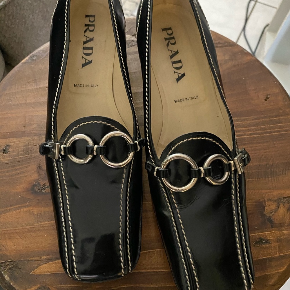 Prada Square Toe Loafer; Chunky Kitten Heel